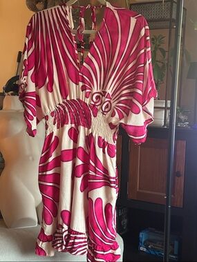 Pink and White Abstract Floral V-Neck romper